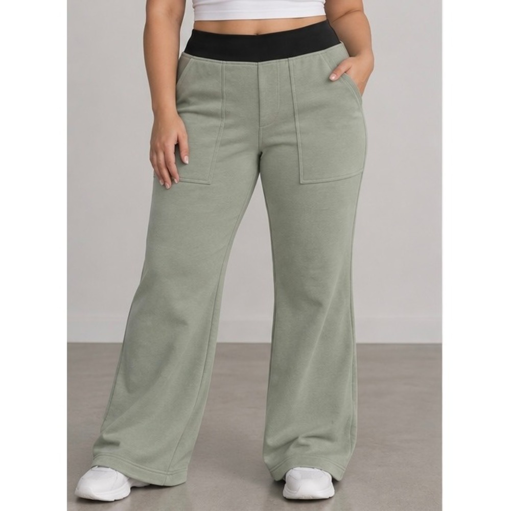 Sage Green Wide Leg Pants with Black Elastic Waistband and Front Pockets Size-L